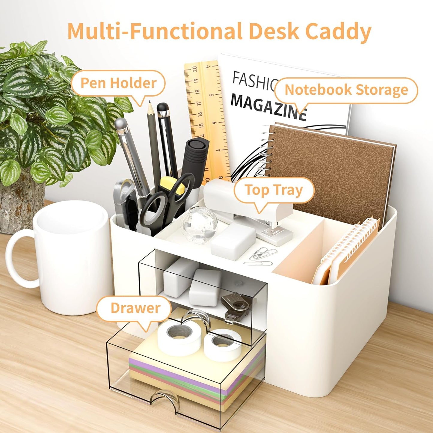 SHARKWOODS Multi-Functional Pencil Pen Holder, Desktop Storage Box, Large Capacity, Multi Grid, High Aesthetic Pen Holder with 5 Compartments, Stationery Sorting And Storage Rack for Home Office