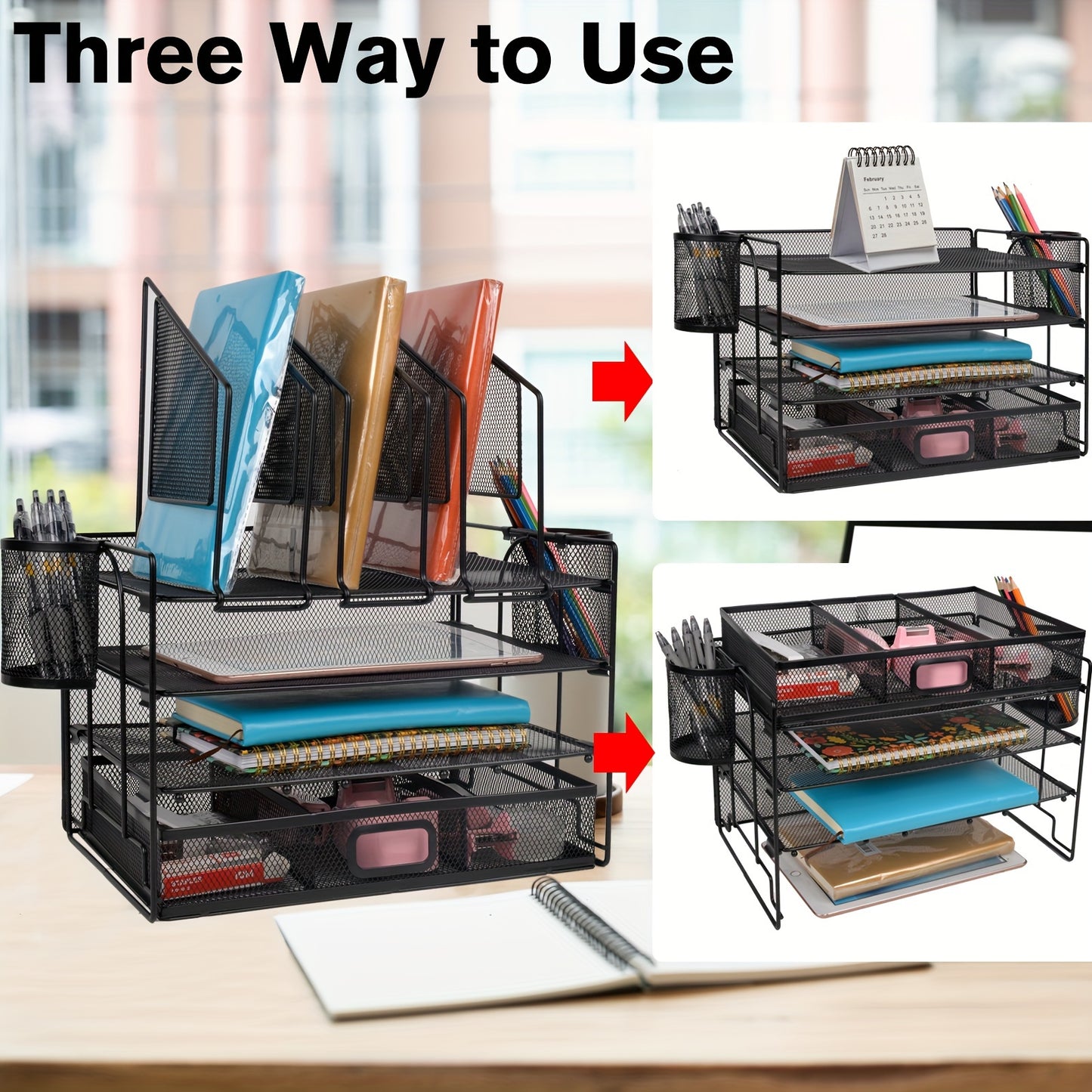 ChezMax Mesh Desktop Organizer With Drawers And Pen Holders, Office Desk Organizer And Accessories, Desktop File Organizer With 6 Upright File Racks And 2 Pen Holders, 2nd\u002F3rd Floor Tray Desktop Organizer For Home And School (black)