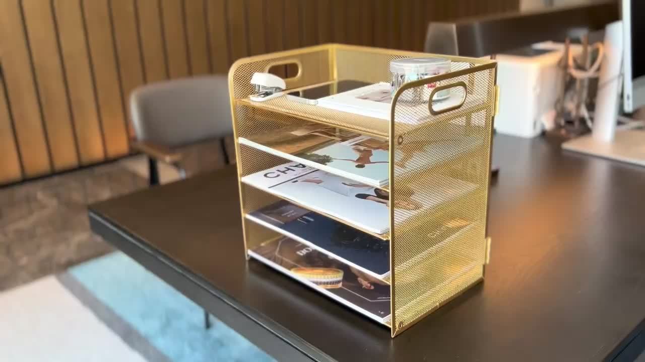 Golden Mesh Organizer 5-Tier Golden Mesh Desktop Organizer with Handle - Stylish Metal Office Storage for Files, Papers, and Supplies, Multi-Tiered Workspace Organizer for Home or Office Desk