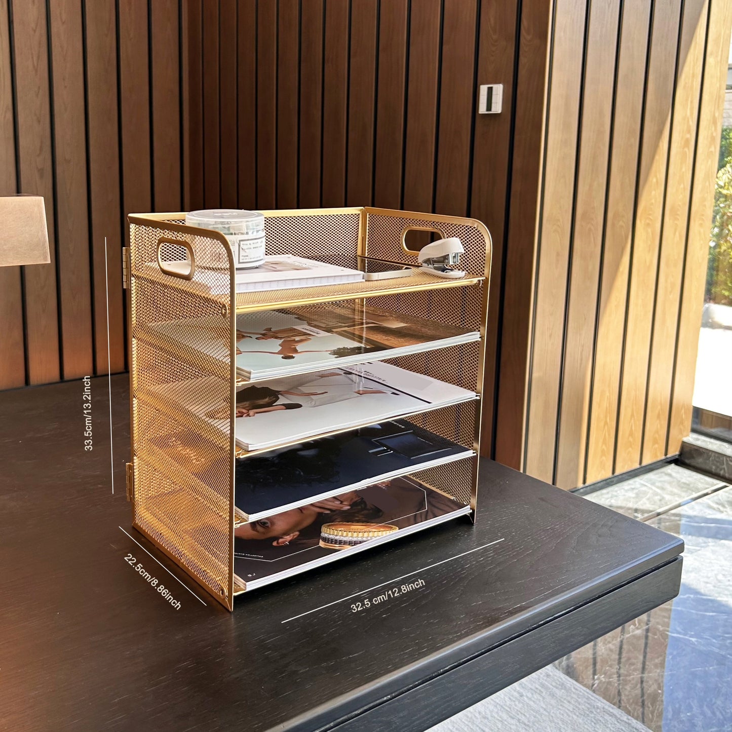 Golden Mesh Organizer 5-Tier Golden Mesh Desktop Organizer with Handle - Stylish Metal Office Storage for Files, Papers, and Supplies, Multi-Tiered Workspace Organizer for Home or Office Desk