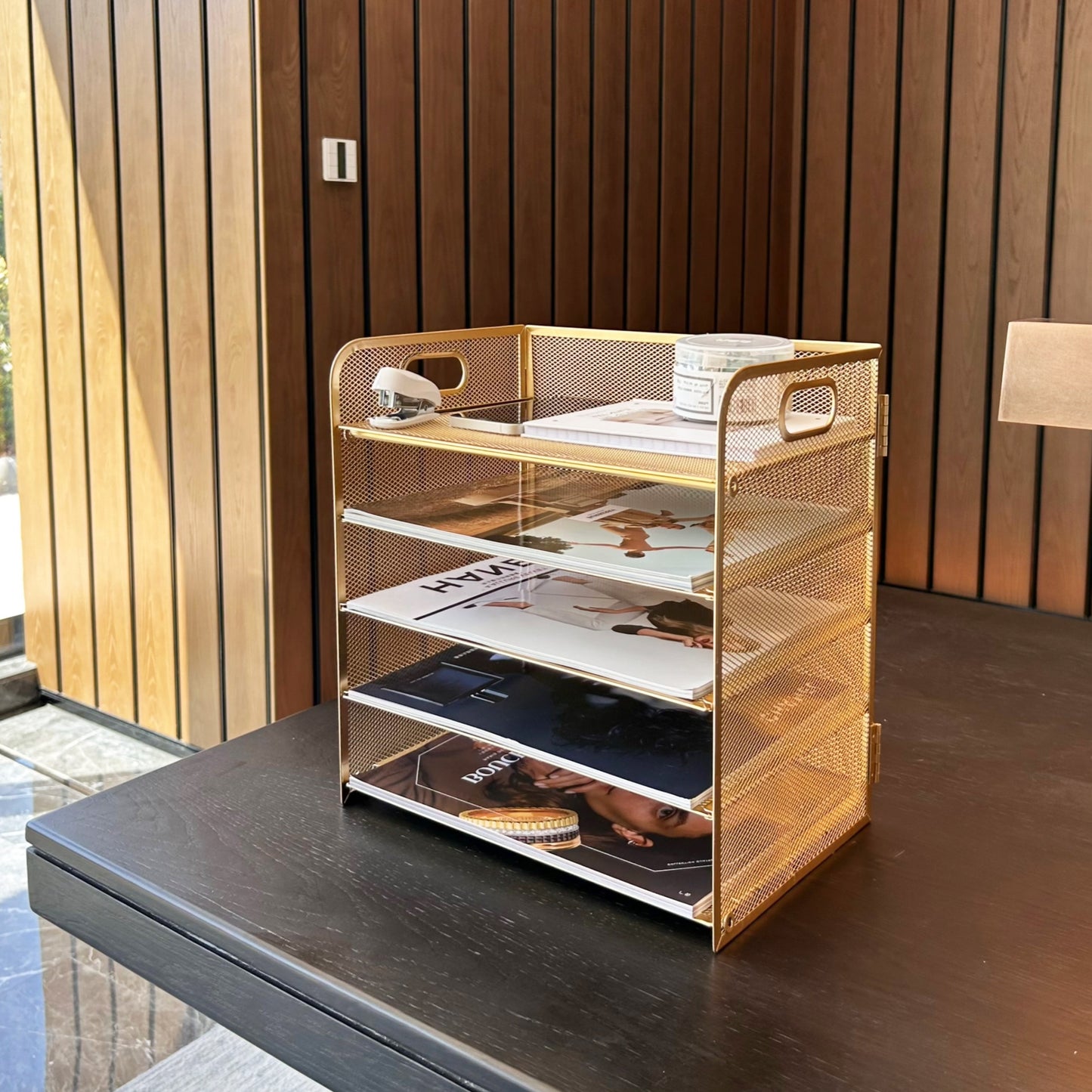 Golden Mesh Organizer 5-Tier Golden Mesh Desktop Organizer with Handle - Stylish Metal Office Storage for Files, Papers, and Supplies, Multi-Tiered Workspace Organizer for Home or Office Desk