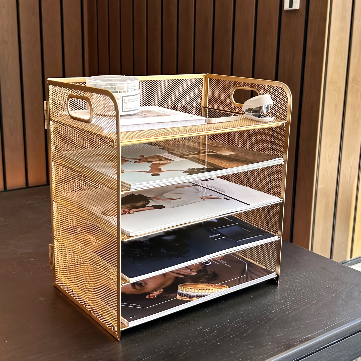 Golden Mesh Organizer 5-Tier Golden Mesh Desktop Organizer with Handle - Stylish Metal Office Storage for Files, Papers, and Supplies, Multi-Tiered Workspace Organizer for Home or Office Desk