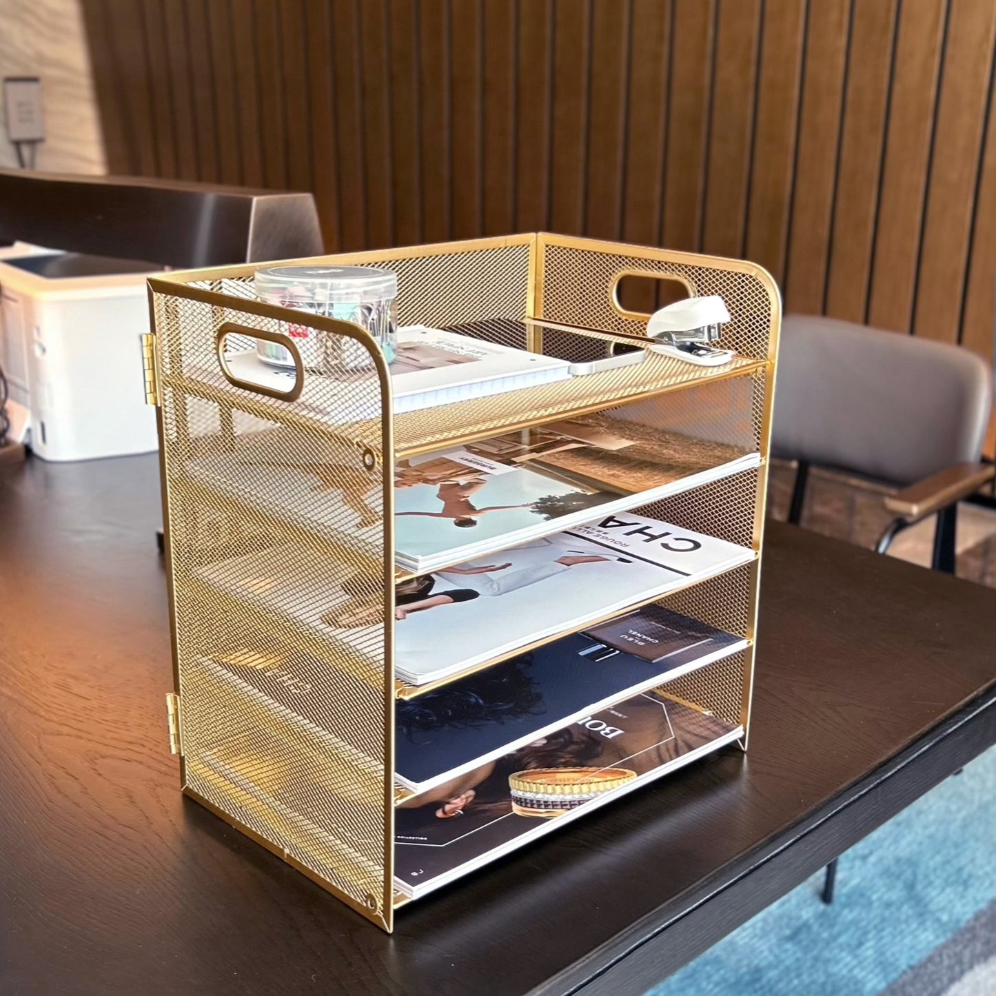 Golden Mesh Organizer 5-Tier Golden Mesh Desktop Organizer with Handle - Stylish Metal Office Storage for Files, Papers, and Supplies, Multi-Tiered Workspace Organizer for Home or Office Desk