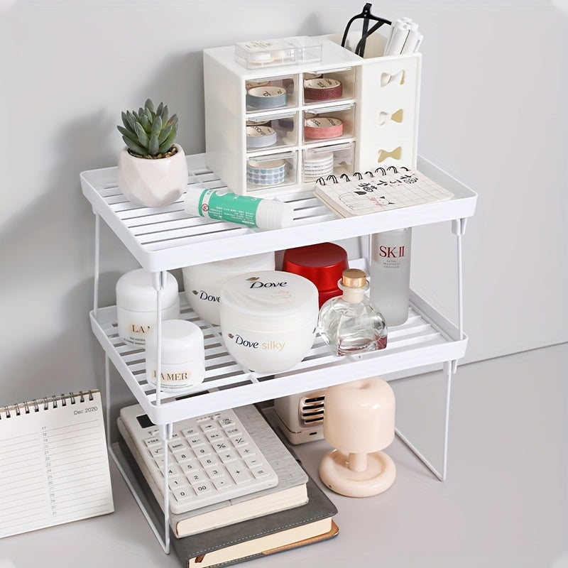 Stackable Metal Storage Rack, Desk Shelf Suitable for Living Room, Bedroom, Kitchen, Bathroom, Desk Storage, Desktop Finishing Rack Can Be Stacked In Multiple Layers, Large, White