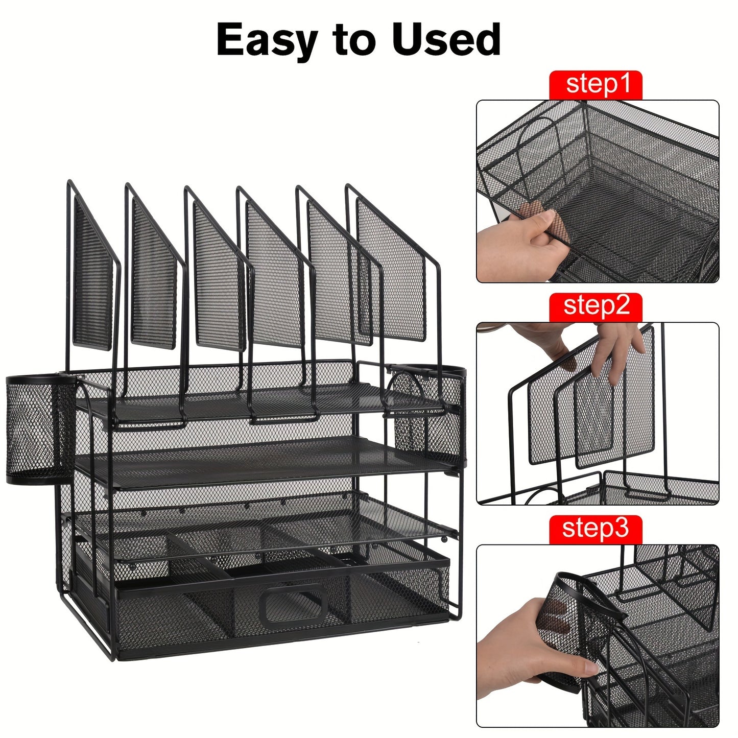 ChezMax Mesh Desktop Organizer With Drawers And Pen Holders, Office Desk Organizer And Accessories, Desktop File Organizer With 6 Upright File Racks And 2 Pen Holders, 2nd\u002F3rd Floor Tray Desktop Organizer For Home And School (black)