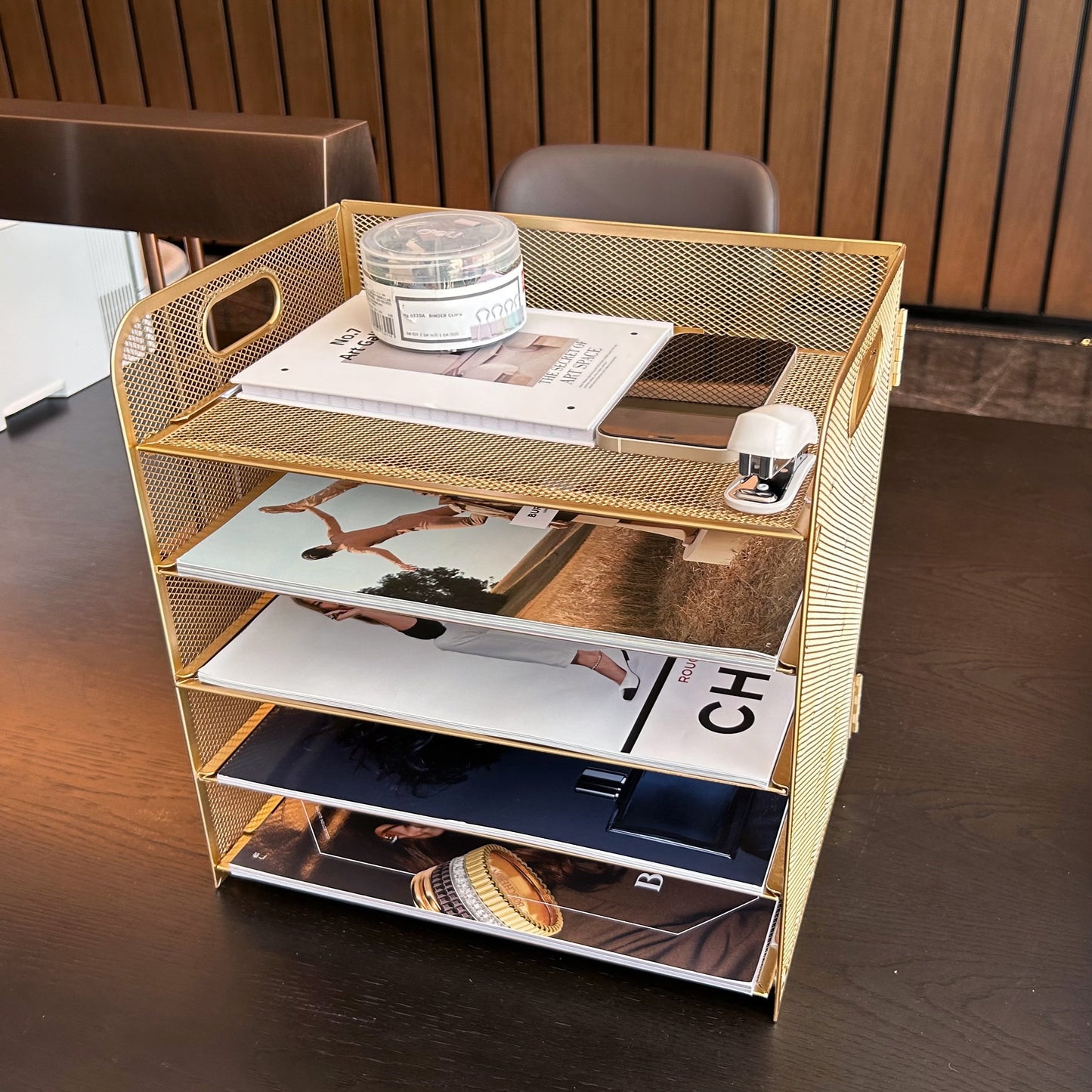 Golden Mesh Organizer 5-Tier Golden Mesh Desktop Organizer with Handle - Stylish Metal Office Storage for Files, Papers, and Supplies, Multi-Tiered Workspace Organizer for Home or Office Desk