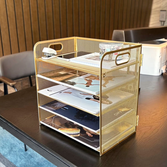Golden Mesh Organizer 5-Tier Golden Mesh Desktop Organizer with Handle - Stylish Metal Office Storage for Files, Papers, and Supplies, Multi-Tiered Workspace Organizer for Home or Office Desk