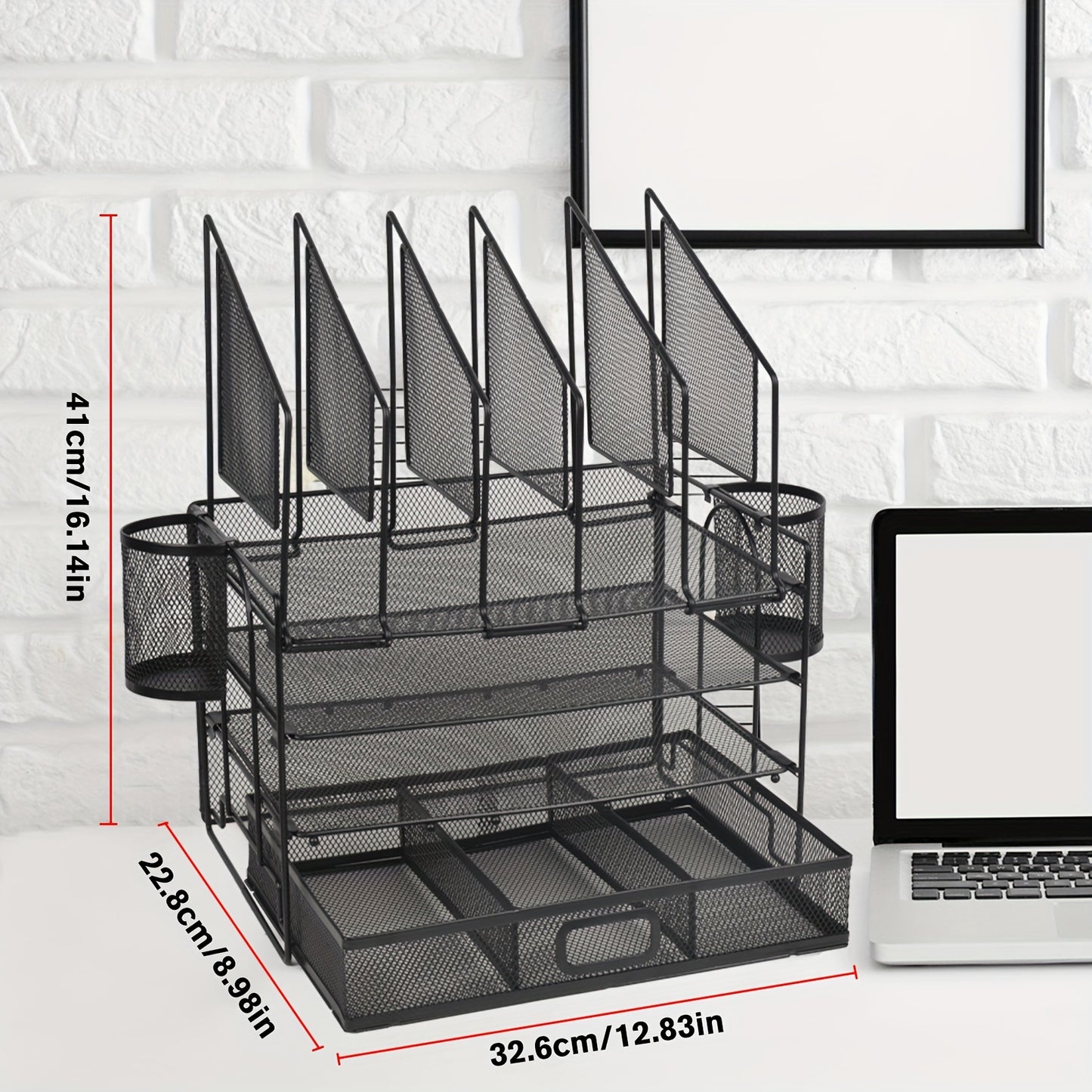 ChezMax Mesh Desktop Organizer With Drawers And Pen Holders, Office Desk Organizer And Accessories, Desktop File Organizer With 6 Upright File Racks And 2 Pen Holders, 2nd\u002F3rd Floor Tray Desktop Organizer For Home And School (black)