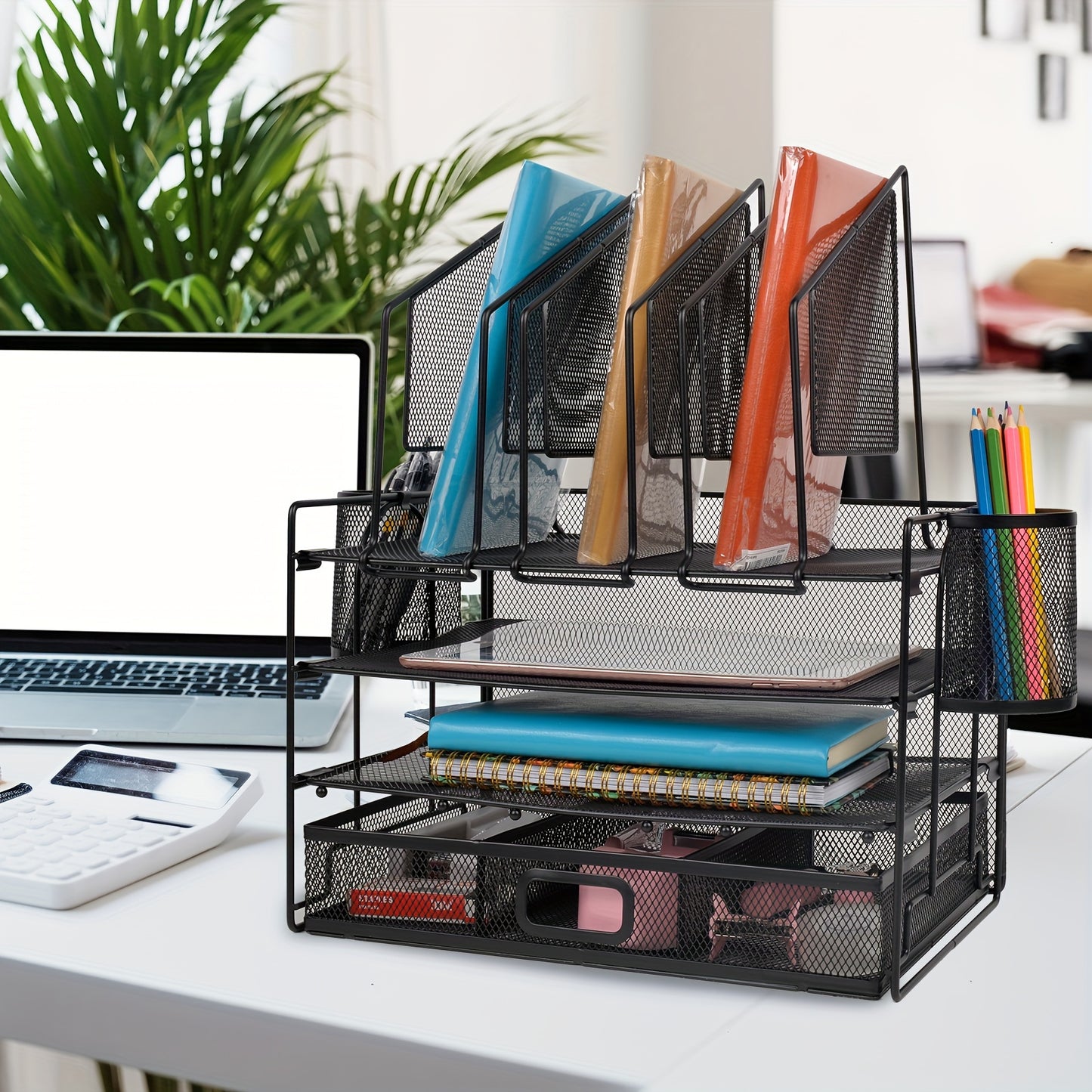 ChezMax Mesh Desktop Organizer With Drawers And Pen Holders, Office Desk Organizer And Accessories, Desktop File Organizer With 6 Upright File Racks And 2 Pen Holders, 2nd\u002F3rd Floor Tray Desktop Organizer For Home And School (black)