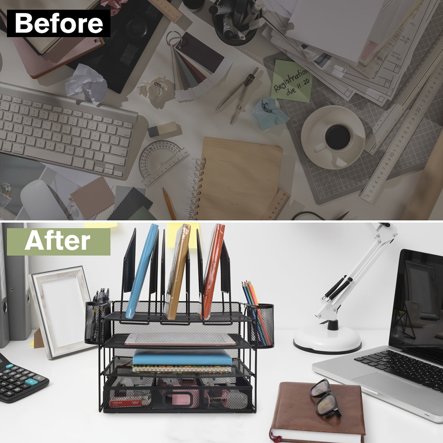 ChezMax Mesh Desktop Organizer With Drawers And Pen Holders, Office Desk Organizer And Accessories, Desktop File Organizer With 6 Upright File Racks And 2 Pen Holders, 2nd\u002F3rd Floor Tray Desktop Organizer For Home And School (black)