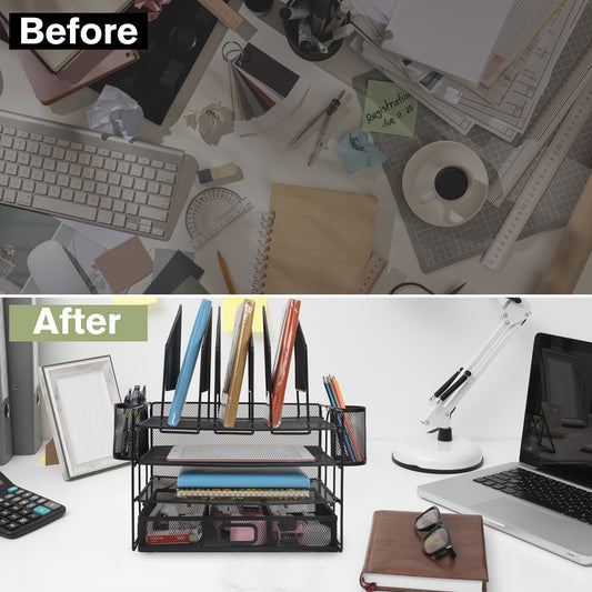ChezMax Mesh Desktop Organizer With Drawers And Pen Holders, Office Desk Organizer And Accessories, Desktop File Organizer With 6 Upright File Racks And 2 Pen Holders, 2nd\u002F3rd Floor Tray Desktop Organizer For Home And School (black)
